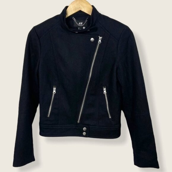 H&M Lana Del Ray Black Moto Biker Jacket Zipper Size 4 Zipper Cuffs Thick Fabric - Picture 3 of 13